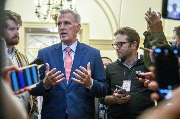 House Speaker Kevin McCarthy of Calif., speaks to reporters on Capitol Hill, Friday, Sept. 22, 2023, in Washington. (AP Photo/Mark Schiefelbein)