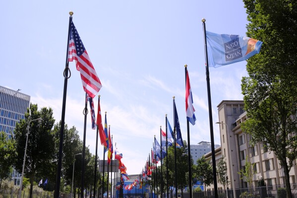 International flags on the venue ahead of the upcoming NATO summit in The Hague, Netherlands, Monday, June 23, 2025. (AP Photo/Patrick Post)