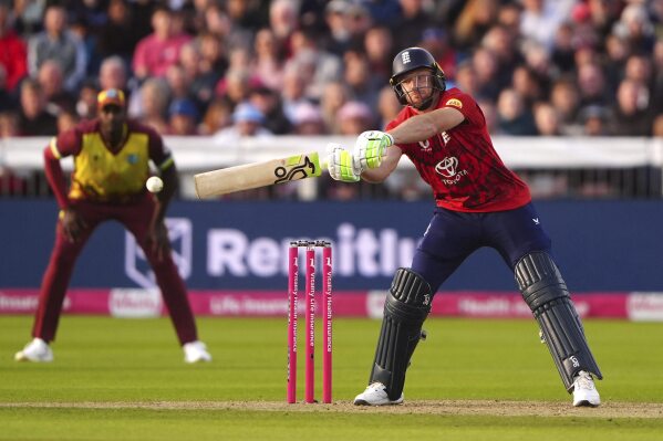 England's Jos Buttler bats during the first men's international Twenty20 match between England and West Indies at Banks Homes Riverside, Chester-le-Street, England, Friday June 6, 2025. (Owen Humphreys/PA via AP)