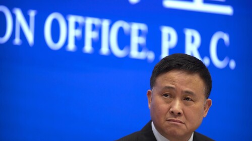 FILE - Pan Gongsheng, deputy governor of the People's Bank of China, listens to a journalist's question during a press conference at the State Council Information Office in Beijing, on March 3, 2023. Pan Gongsheng was named China’s central bank governor Tuesday, July 25, in the widely anticipated final major appointment of the ruling Communist Party’s once-a-decade change of power. (AP Photo/Mark Schiefelbein, File)