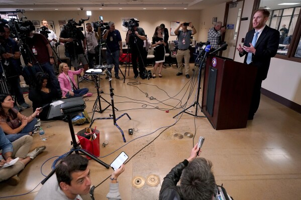 FILE - Maricopa County Recorder Stephen Richer speaks inside the Recorders Office, Nov. 9, 2022, in Phoenix. (AP Photo/Matt York, File)