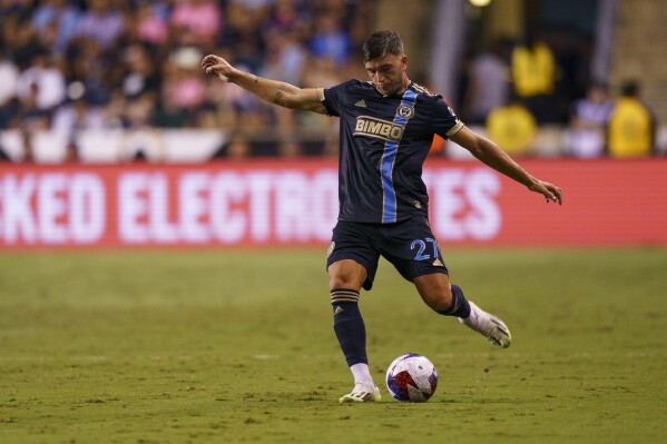 FILE- Philadelphia Union's Kai Wagner in action during the Leagues Cup semifinals soccer match against the Inter Miami FC, Aug. 15, 2023, in Chester, Pa. Wagner's suspension for violating Major League Soccer's on-field discrimination policy has been lifted, the team announced Monday, Feb. 19, 2024, that Wagner had completed the league's new restorative practices program. (AP Photo/Chris Szagola, File)