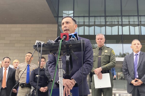 E. Martin Estrada, the U.S. Attorney for the Central District of California, discusses the sentencing of Stephen Beal, Friday, Jan. 19, 2024, in Los Angeles, in connection with the 2018 bombing at his ex-girlfriend's spa that killed her and seriously injured two others. Beal was sentenced Friday to two concurrent life sentences, plus 30 years, in federal prison. (AP Photo/Stefanie Dazio)