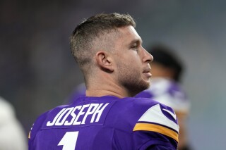 FILE - Minnesota Vikings place kicker Greg Joseph (1) stands on the field before an NFL football game against the Green Bay Packers, Dec. 31, 2023, in Minneapolis. Joseph has signed with the Green Bay Packers after spending the past three seasons with the Vikings. The Packers announced the Joseph signing on Thursday, March 28, 2024. (AP Photo/Abbie Parr)