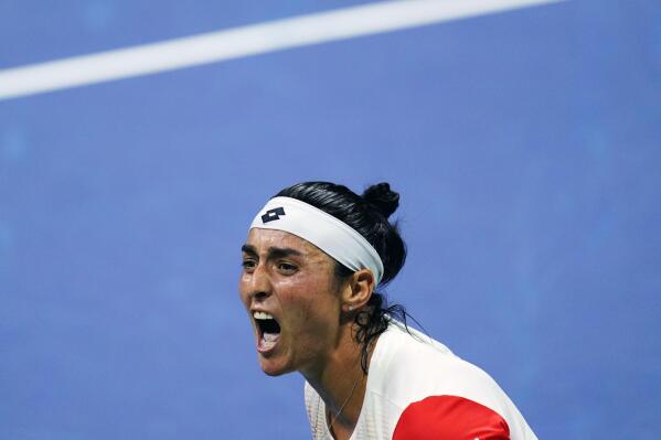 Ons Jabeur, of Tunisia, reacts after a point against Caroline Garcia, of France, during the semifinals of the U.S. Open tennis championships on Thursday, Sept. 8, 2022, in New York.(AP Photo/Matt Rourke)