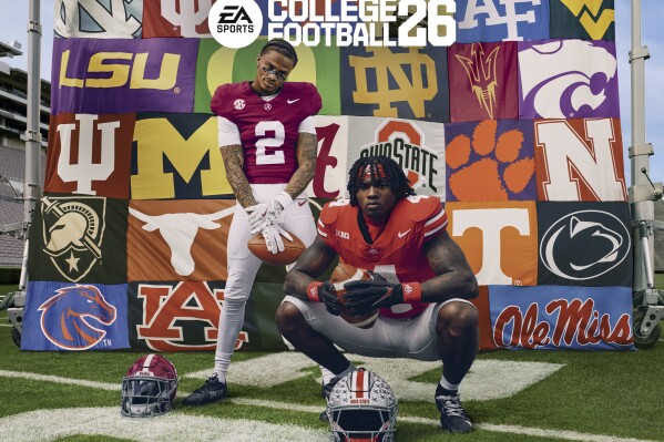 This image provided by EA Sports shows NCAA college football players Alabama's Ryan Williams, left, and Ohio State's Jeremiah Smith on the cover of EA Sports College Football 26 standard edition. (EA Sports via AP)