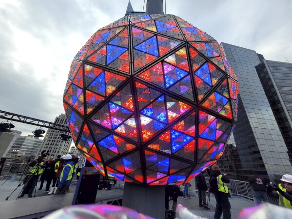 The New Year's Eve ball is shown in Times Square on Saturday, Dec. 30, 2023 in New York. With throngs of revelers set to usher in the new year under the bright lights of Times Square, officials and organizers say they are prepared to welcome the crowds and ensure their safety. (AP Photo/Julie Walker)