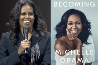 Former first lady Michelle Obama speaks to the crowd during her book tour stop in Washington on Nov. 17, 2018, left, and a cover image for Obama's memoir "Becoming." Obama’s next promotion for her memoir “Becoming” will center on the college market. The former first lady will appear Nov. 9 at 1 p.m. with “Black-ish” actor Yara Shahidi for a livestream conversations with students from 22 schools throughout the country. (AP Photo, left, and Crown via AP)