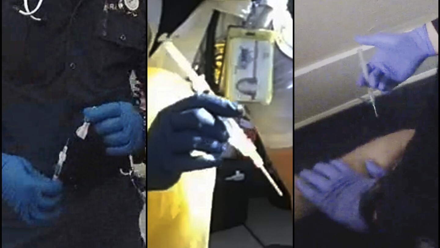 In this combination of images from body-camera videos, medics prepare to inject sedatives to Ivan Gutzalenko in Richmond, Calif., in 2021; Hunter Barr