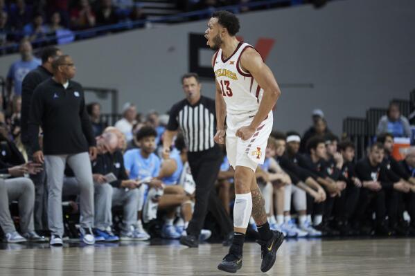 Iowa State guard Jaren Holmes reacts after scoring against North Carolina during the first half of an NCAA college basketball game in the Phil Knight Invitational tournament in Portland, Ore., Friday, Nov. 25, 2022. (AP Photo/Craig Mitchelldyer)