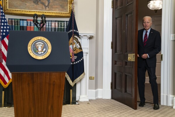 President Joe Biden arrives to deliver remarks on student loan debt forgiveness, in the Roosevelt Room of the White House, Wednesday, Oct. 4, 2023, in Washington. (AP Photo/Evan Vucci)