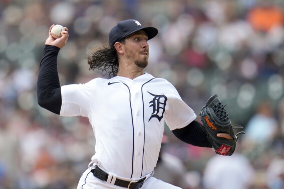 Detroit Tigers pitcher Michael Lorenzen throws against the Los Angeles Angels in the first inning during the first baseball game of a doubleheader, Thursday, July 27, 2023, in Detroit. (AP Photo/Paul Sancya)