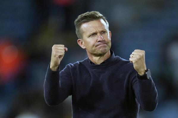 Leeds United's head coach Jesse Marsch celebrates at the end of the English Premier League soccer match between Leeds United and Everton, at Elland Road Stadium in Leeds, England, Tuesday, Aug. 30, 2022. (AP Photo/Jon Super)