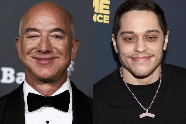 Jeff Bezos appears at the Baby2Baby Gala in West Hollywood, Calif., on Nov. 13, 2021, left, and actor-comedian Pete Davidson appears at the premiere of "Big Time Adolescence" in New York on March 5, 2020. Davidson is heading to space. The “Saturday Night Live” star will be among the six passengers on the next launch of Bezo’s space travel company, Blue Origin. The company announced the March 23 flight on Monday. (AP Photo)