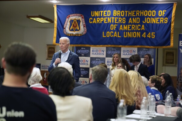 President Joe Biden speaks at the Carpenters Union Hall, Tuesday, April 16, 2024, in Scranton, Pa. (AP Photo/Alex Brandon)