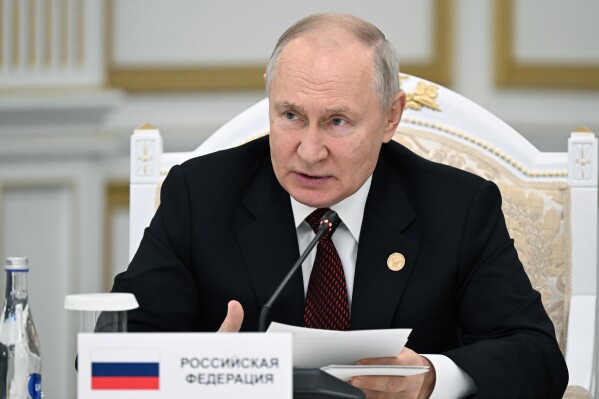 Russian President Vladimir Putin speaks at the Commonwealth of Independent States (CIS) meeting in Bishkek, Kyrgyzstan, on Friday, Oct. 13, 2023. (Pavel Bednyakov, Sputnik, Kremlin Pool Photo via AP)
