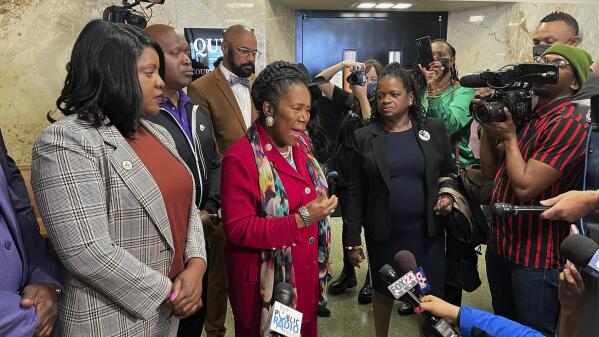 Tiffany Crutcher, left, and U.S. Rep. Sheila Jackson Lee speak to the media before a hearing at Tulsa County Courthouse, Monday, May 2, 2022, in Tulsa, Okla. A judge ruled Monday that a lawsuit can proceed that seeks reparations for survivors and descendants of victims of the 1921 Tulsa Race Massacre. (Stephen Pingry/Tulsa World via AP)