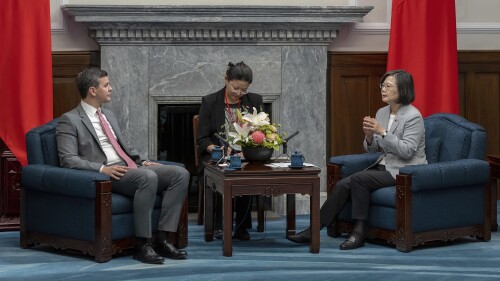 In this photo released by the Taiwan Presidential Office, Paraguay's president-elect Santiago Pena, left, and Taiwan's President Tsai Ing-wen speak during a meeting in Taipei, Taiwan, Wednesday, July 12, 2023. (Taiwan Presidential Office via AP)