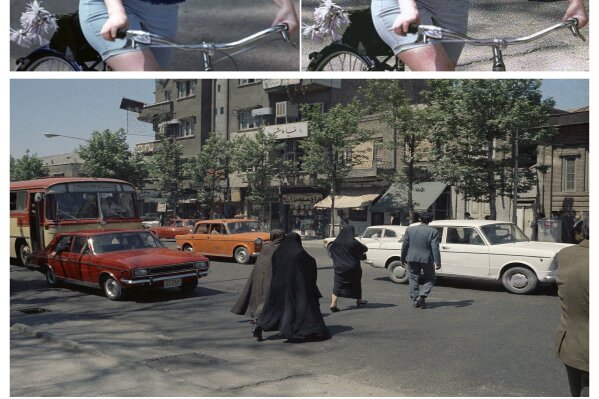 This combination of images shows actress Jean Seberg photographed by Willy Rizzo in the Hollywood area of Los Angeles in 1959, top left, and a street scene in Tehran, Iran, taken by Roy Essoyan for...