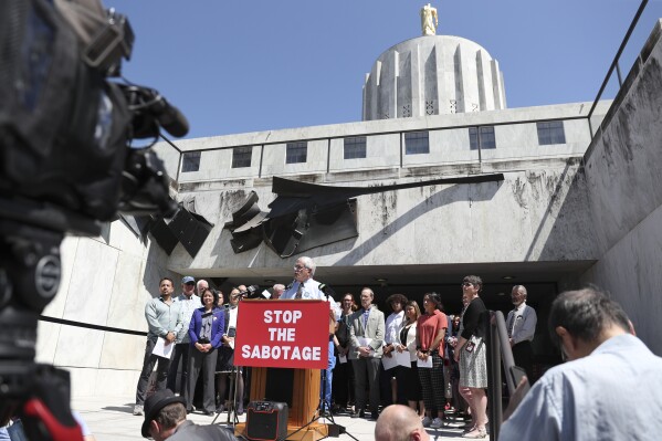 FILE - Democratic Sen. Jeff Golden speaks during a news conference and rally against the Republican Senate walkout at the Oregon Capitol, Tuesday, June 6, 2023, in Salem, Ore. Enough Republicans members showed up in the Oregon Senate on Thursday, June 15, to end a six-week walkout that halted the work of the legislature and blocked hundreds of bills, including some on abortion, transgender health care and gun safety. (AP Photo/Amanda Loman, File)