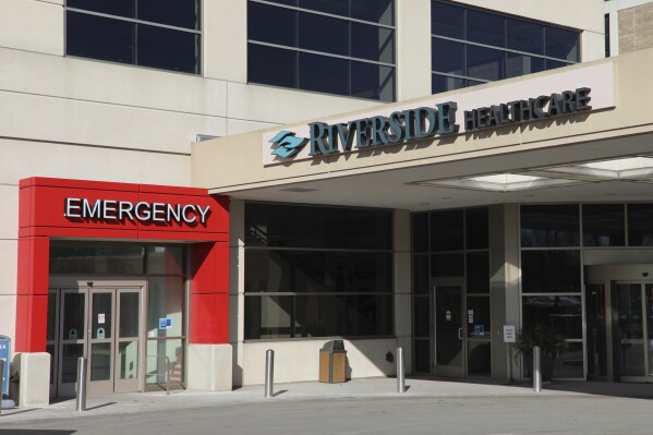 The Riverside Medical Center Emergency Department in Kankakee, Ill., is seen on Jan. 29, 2025, where Nancy Fregeau said she took her husband, Michael Reeman, three times in 2024. (Benjamin Thorp/WFYI Public Media via AP)