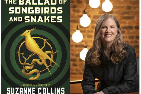 This combination of images released by Scholastic shows the cover image for "The Ballad of Songbirds and Snakes," by Suzanne Collins, left, and a portrait of Collins. The "Hunger Games" novel will be released on May 19. (Scholastic via AP, left, Todd Plitt/Scholastic via AP)