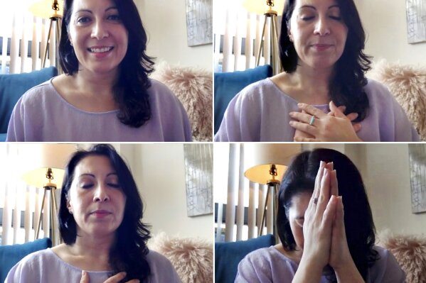In this combination of frame grabs from journalist Donna Borak's March, 17, 2020, online meditation session she hosted over Zoom, she leads a group to help ease the stress of isolation from Washington. Borak decided to share her skills in both the practice of meditation and yoga to help those in quarantine recharge and reconnect. (Courtesy of Donna Borak via AP)