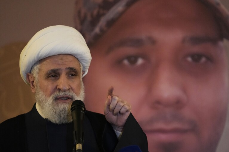 FILE - Sheik Naim Kassem, Hezbollah's deputy leader speaks during a memorial of a Hezbollah fighter who killed few days ago in South Lebanon by an Israeli airstrike, in Beirut, Lebanon, Thursday, Dec. 28, 2023. (AP Photo/Hussein Malla, File)