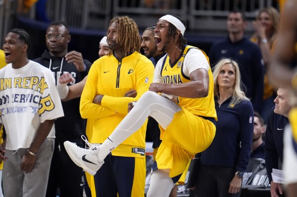 Indiana Pacers center Myles Turner celebrates during the second half against the Milwaukee Bucks in Game 6 in an NBA basketball first-round playoff series, Thursday, May 2, 2024, in Indianapolis. The Pacers won 120-98. (AP Photo/Michael Conroy)