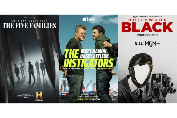 This combination of images shows promotional art for the series "American Godfathers: The Five Families," left, the film "The Instigators," center, and the docuseries "Hollywood Black." (History/Apple TV+/MGM+ via AP)