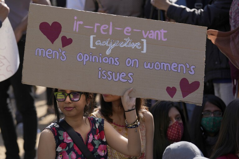 FILE - Activists from the activist group "Women Democratic Front" take part in a rally to mark International Women's Day, March 8, 2023, in Islamabad, Pakistan. Women across the world will demand equal pay, reproductive rights, education, justice and other essential needs during demonstrations marking International Women’s Day on Friday, March 8, 2024. (AP Photo/Anjum Naveed, File)
