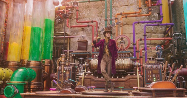 This image released by Warner Bros. Pictures shows Timothee Chalamet in a scene from "Wonka." (Warner Bros. Pictures via AP)