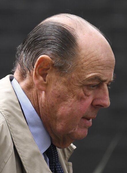 British Conservative Party lawmaker Nicholas Soames leaves 10 Downing Street in London, Tuesday, Sept. 3, 2019. (AP Photo/Alberto Pezzali)