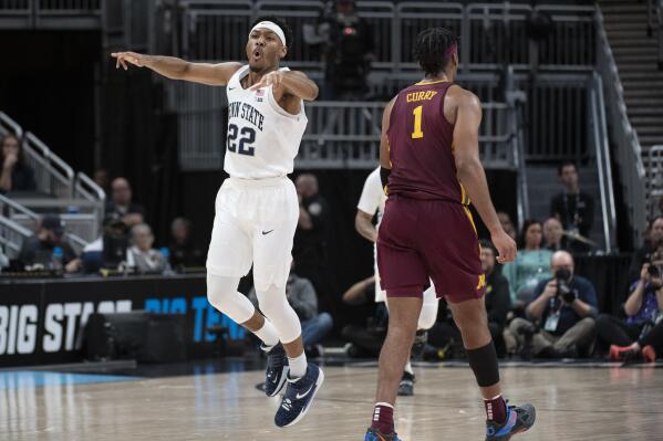Penn State guard Jalen Pickett (22) celebrates after scoring against Minnesota during an NCAA college basketball game in the Big Ten men's basketball tournament Wednesday, March 9, 2022, in Indianapolis. (Noah Riffe/Centre Daily Times via AP)