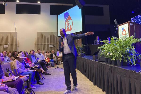 Former Democratic state Rep. Jones urges Republicans to vote for him for governor in 2022 at the 6th Congressional District convention in Alpharetta, Ga., on Saturday, May 15, 2021. Republicans gathered in congressional district conventions across the state. (AP Photo/Jeff Amy)