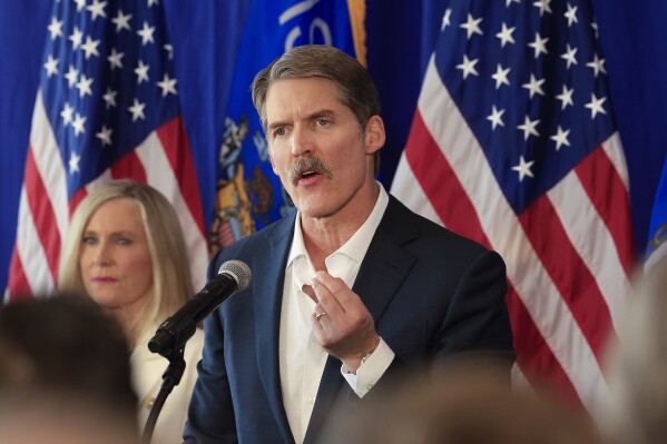 FILE - Eric Hovde, a Republican businessman and real estate mogul announces he is for running U.S. Senate against Wisconsin Democratic incumbent Sen. Tammy Baldwin, Feb. 20, 2024, in Madison, Wis. Hovde pledged in a new campaign ad Friday, March 15, to donate his salary to charity if elected, a move that comes as Democrats try to paint the California bank owner and real estate mogul as an out-of-touch multimillionaire.(John Hart/Wisconsin State Journal via AP, file)