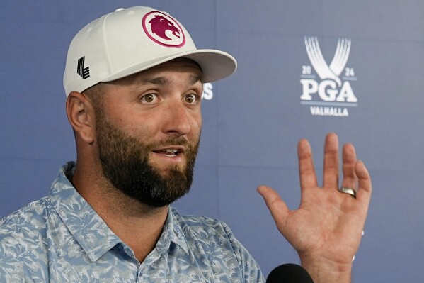 Jon Rahm, of Spain, speaks during a news conference during the PGA Championship golf tournament at the Valhalla Golf Club, Tuesday, May 14, 2024, in Louisville, Ky. (Ǻ Photo/Sue Ogrocki)