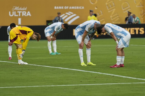 Ulsan HD players react after Fluminense scored a goal during the second half of a Club World Cup group F soccer match, Saturday, June 21, 2025, in East Rutherford, N.J. (AP Photo/Seth Wenig)