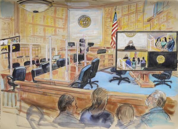 This artists sketch depicts the court proceedings for the wife of Mexican drug kingpin Joaquin “El Chapo”, Emma Coronel Aispuro, during a court hearing at the U.S. District Courthouse in Washington., Thursday, June 10, 2021. (Dana Verkouteren via AP)