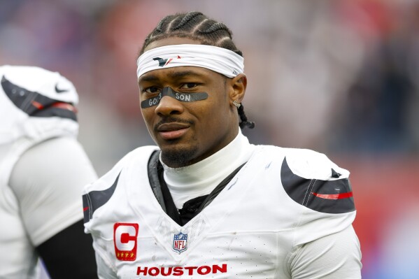 Houston Texans wide receiver Stefon Diggs (1) reacts during the first half of an NFL football game against the New England Patriots, Sunday, Oct. 13, 2024, in Foxborough, Mass. (AP Photo/Greg M. Cooper, File)