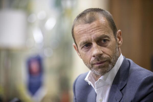 FILE- UEFA President Aleksander Ceferin during an interview with The Associated Press in Lisbon, Portugal, Aug. 23, 2020. Ceferin said his concerns about political interference in Albanian soccer elections were alleviated after meeting with the country’s prime minister on Thursday Feb. 3, 2022. (AP Photo/Manu Fernandez, File)