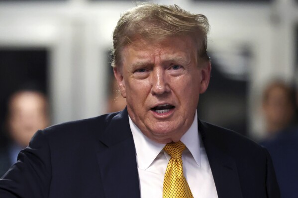 Former President Donald Trump speaks following the day's proceedings in his trial Tuesday, May 21, 2024, in Manhattan Criminal Court in New York. (Michael M. Santiago/Pool Photo via AP)