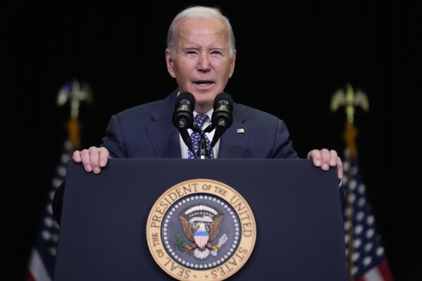 President Joe Biden speaks to the House Democratic Caucus Issues Conference at Lansdowne Resort, Thursday, Feb. 8, 2024 In Leesburg, Va. (APPhoto/Andrew Harnik)