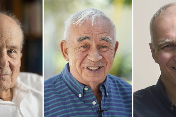 This combo image shows Professor Emeritus Louis Brus, left, Alexei Ekimov of Nanocrystals Technology Inc., center, and Massachusetts Institute of Technology scientist Moungi Bawendi. The three scientists in the United States won the Nobel Prize in chemistry for their work on quantum dots. (AP Photo)