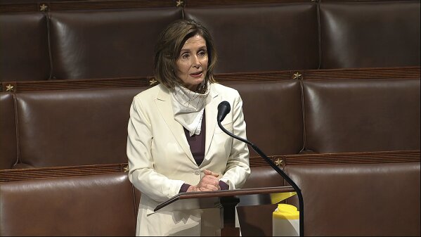 In this image from video, House Speaker Nancy Pelosi of Calif., speaks on the floor of the House of Representatives at the U.S. Capitol in Washington, Thursday, April 23, 2020. (House Television via AP)