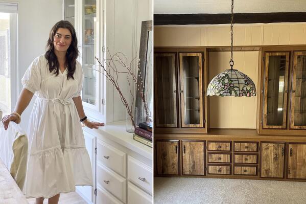 This combination of images shows Alexa d’Argence, a senior designer at BAR Architects, in front of her newly renovated dining room hutch, left, and a photo of the dining room before the renovation. (Alexa d’Argencé via AP)