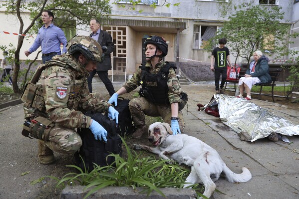 Police officers calm an injured dog while a dead body lies near a multi-story building damaged by a Russian strike on a residential neighborhood in Zaporizhzhia, Ukraine, on Tuesday, April 22, 2025. (AP Photo/Kateryna Klochko)