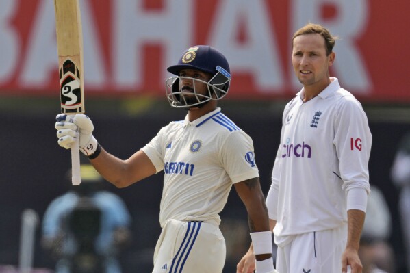 India's Dhruv Jurel celebrates his fifty runs on the third day of the fourth cricket test match between England and India in Ranchi, India, Sunday, Feb. 25, 2024. (AP Photo/Ajit Solanki)