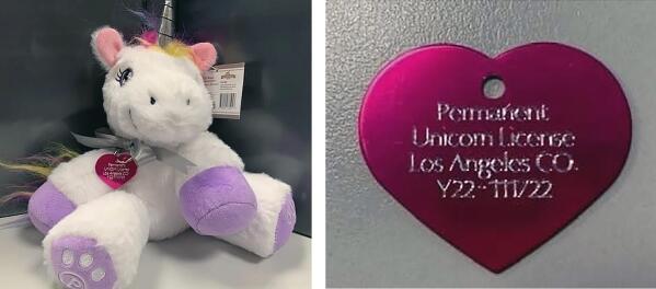 These images released by the Los Angeles County Animal Care and Control and posted via Instagram, shows a created a unicorn license tag, right, and a plush toy unicorn, after a young girl requested permission to have a unicorn in her backyard, if she could find one. Animal Care and Control Department officials said this week that they granted the unusual permit to Madeline, whose last name was redacted. (Los Angeles County Animal Care and Control via AP)