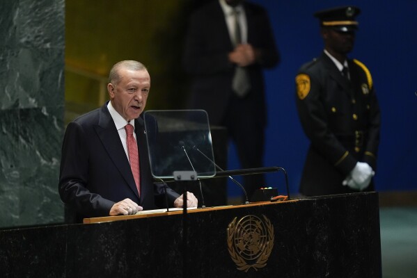 Turkey President Recep Tayyip Erdoğan addresses the 79th session of the United Nations General Assembly, Tuesday, Sept. 24, 2024, at UN headquarters. (AP Photo/Julia Demaree Nikhinson)